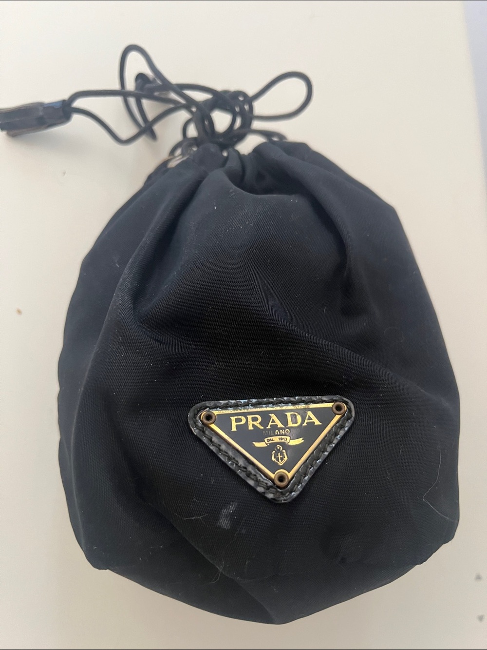 Prada Black Nylon Drawstring Pouch with Gold Logo Plaque